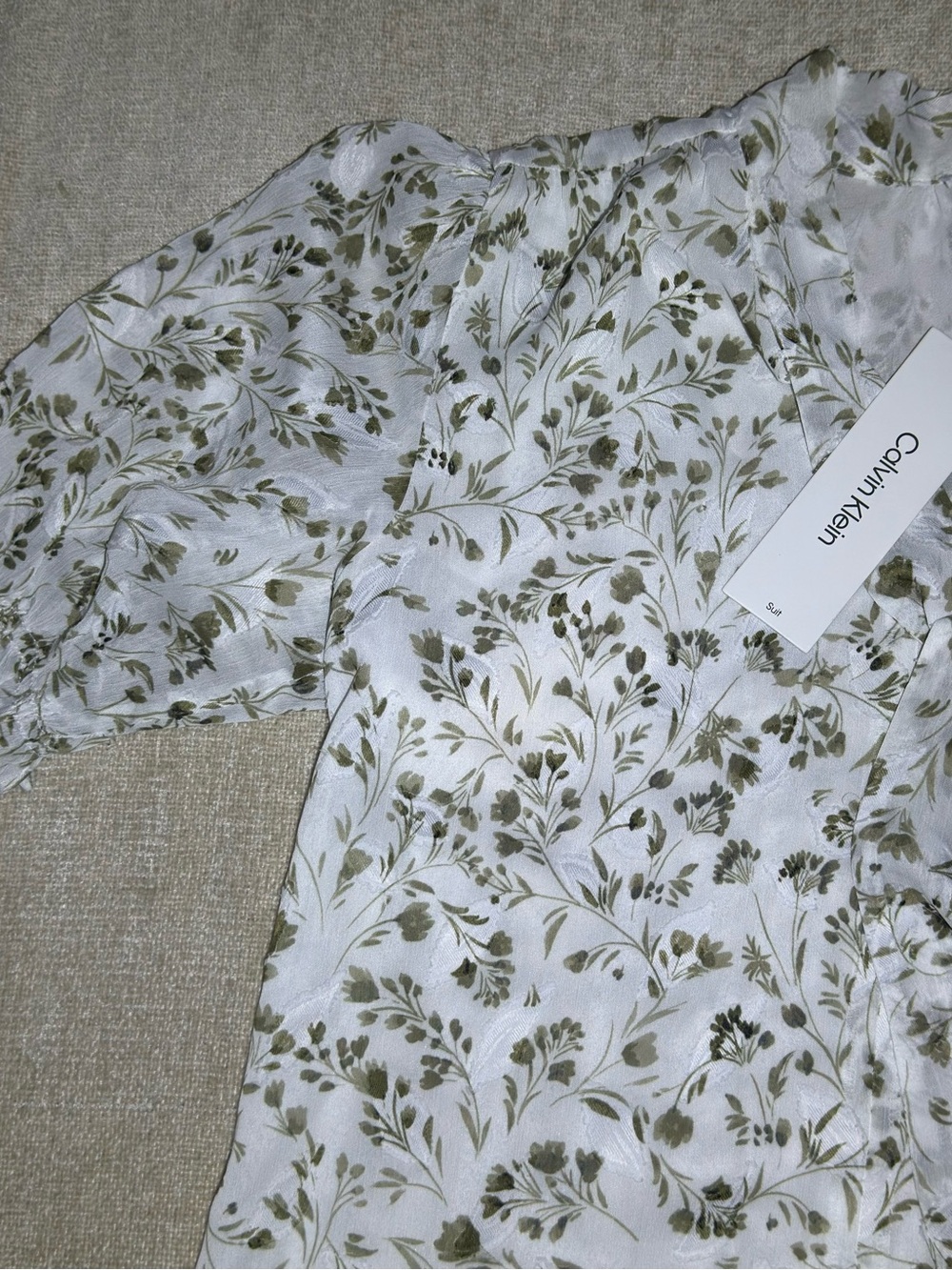 Calvin Klein White Blouse with Olive Floral Print Cottagecore - Picture 7 of 14